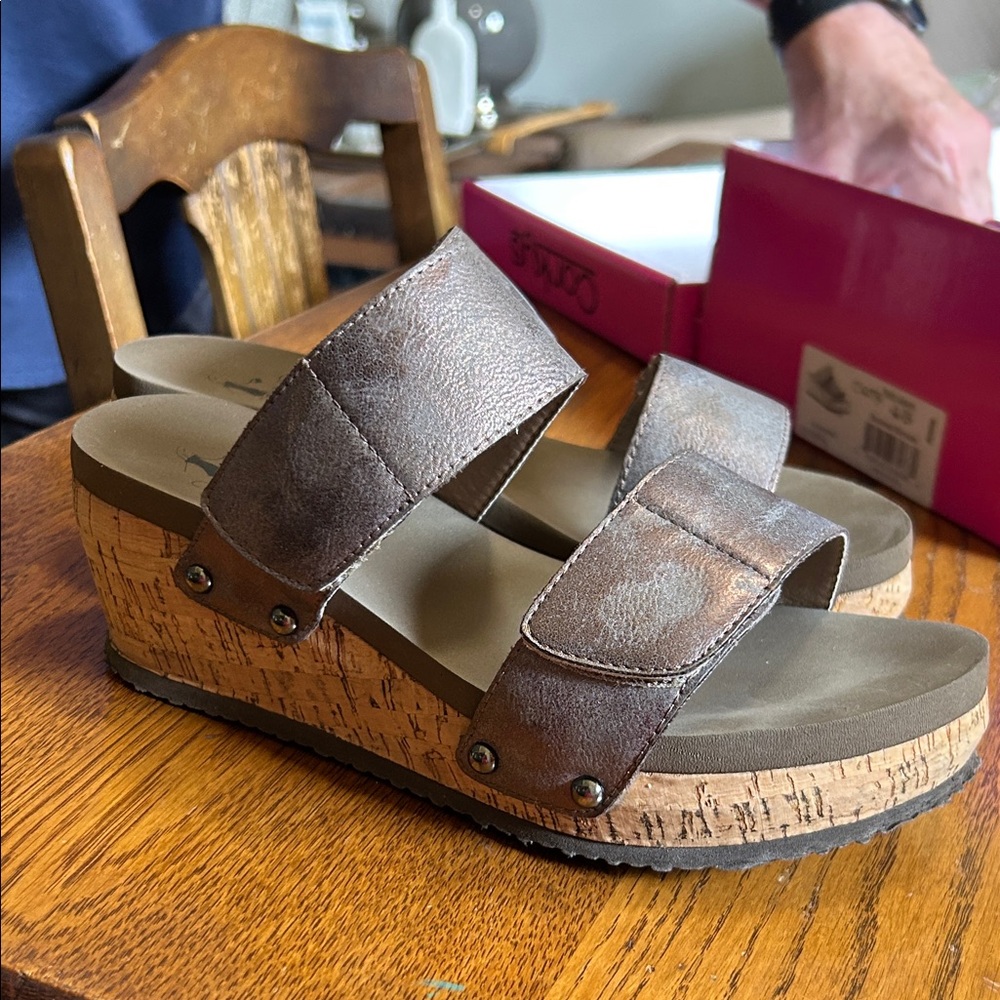 Corkys Bronze Metallic Double Strap Cork Wedge Sandals
